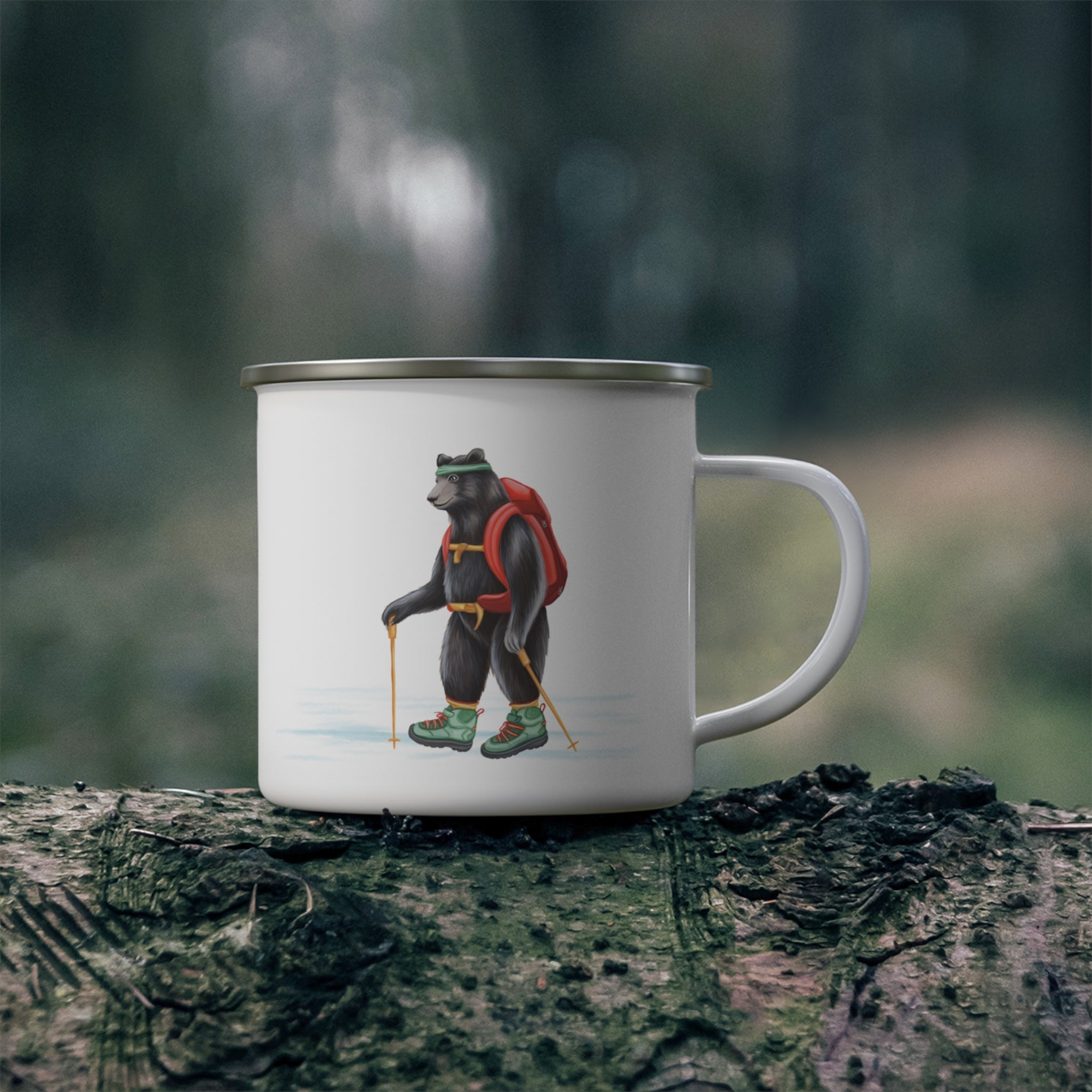 Bear hiking enamel mug with stainless steel rim