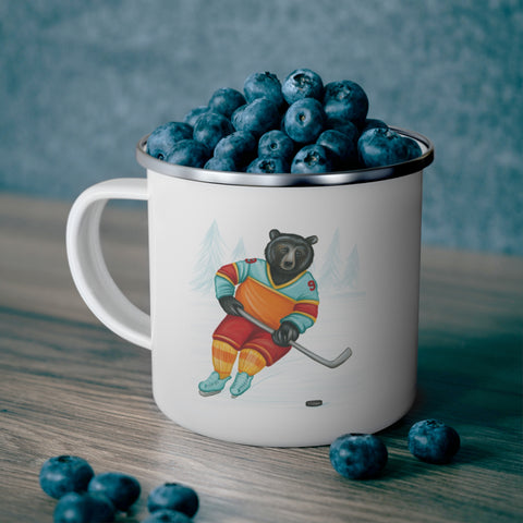 Bear playing hockey enamel mug with stainless steel rim
