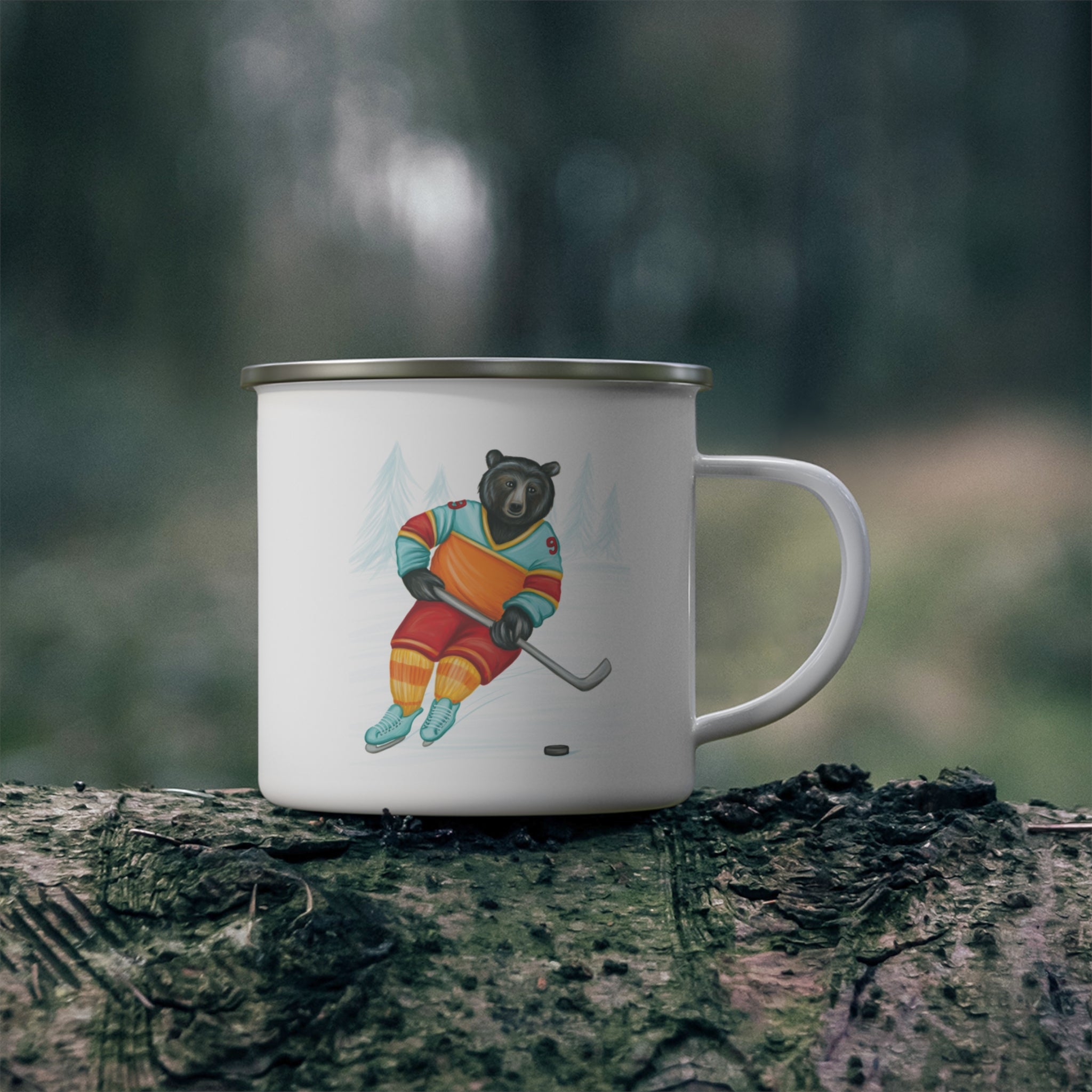 Bear playing hockey enamel mug with stainless steel rim