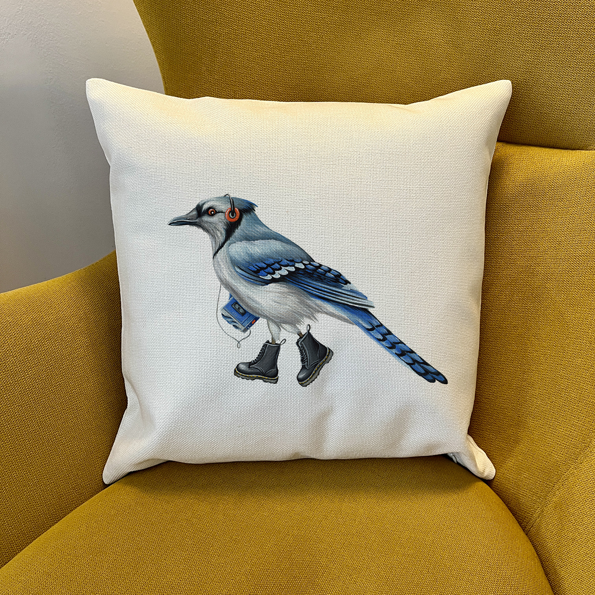 PIllow cover - Blue-Jay wearing boots