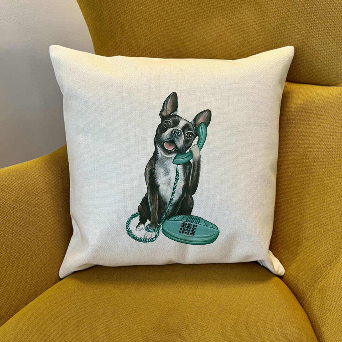 PIllow cover - Boston Terrier on the phone