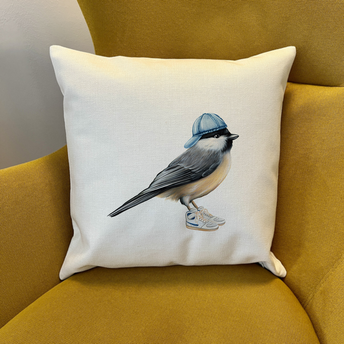 PIllow cover - Chickadee wearing running shoes
