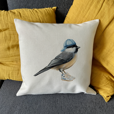 PIllow cover - Chickadee wearing running shoes