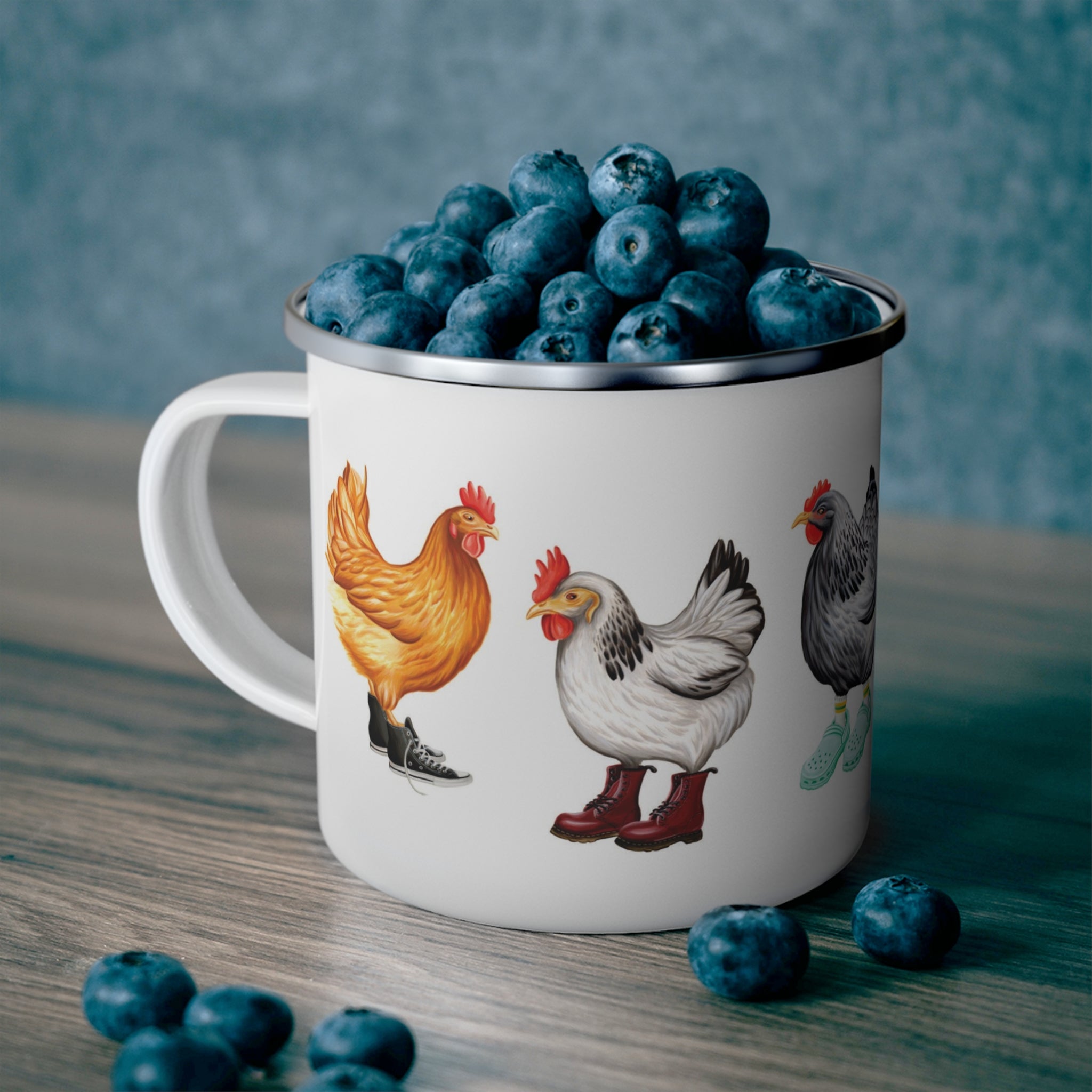 Fashionable Hens wearing shoes enamel mug with stainless steel rim