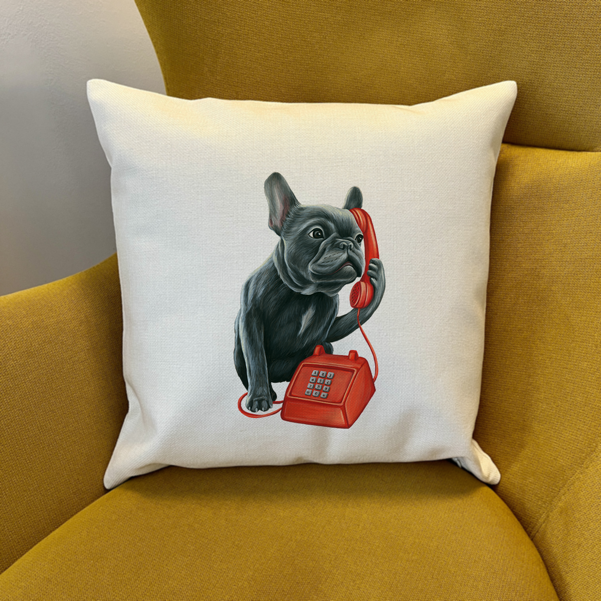 PIllow cover - French Bulldog on the phone