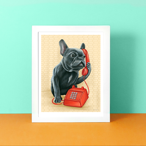 Bouledogue français au téléphone - Affiche murale