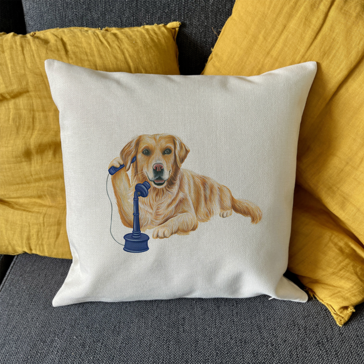 PIllow cover - Golden Retreiver on the phone