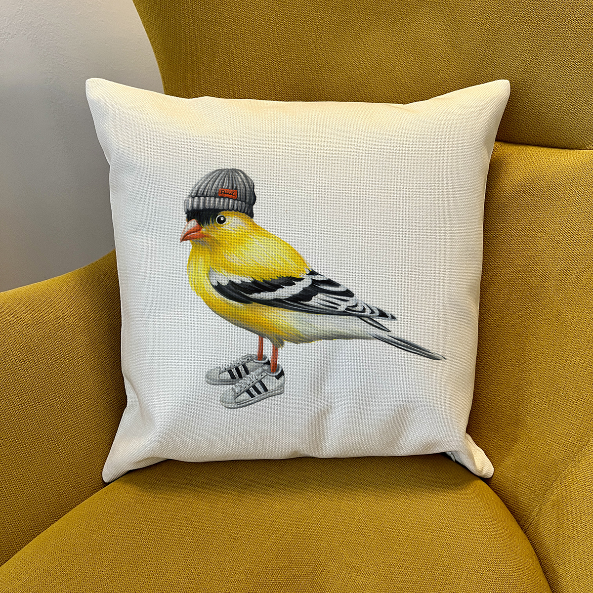 PIllow cover - Goldfinch wearing running shoes