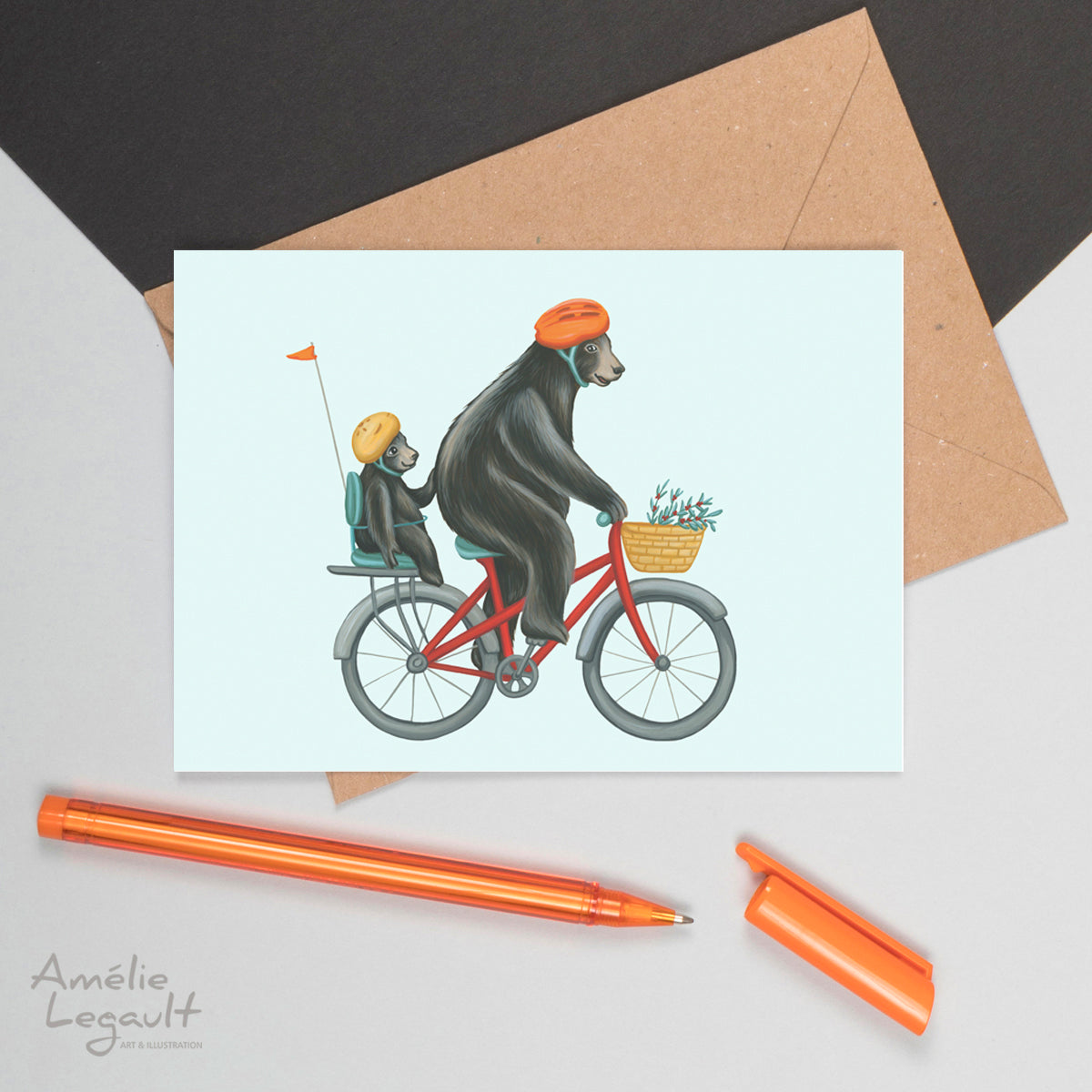carte de souhaits d'ours noir canadien par Amélie Legault, carte d'anniversaire d'ours à vélo à bicyclette Canadian and north american black bear greeting card, black bear on bike birthday card by Canadian artist Amelie Legault