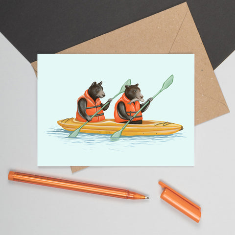 carte de souhaits d'ours noir canadien par Amélie Legault, carte d'anniversaire d'ours en kayak Canadian and north american black bear greeting card, black bear kayak birthday card by Canadian artist Amelie Legault