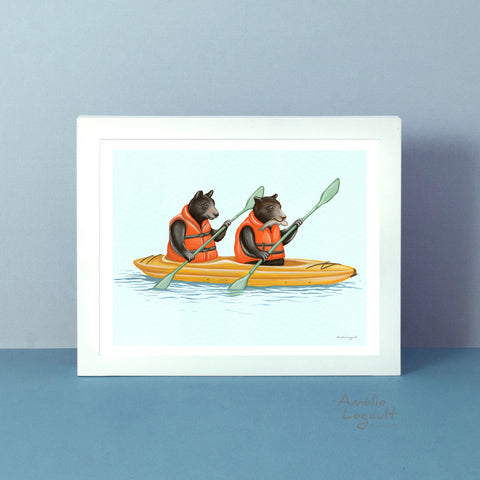 Kayaking black bear illustration, black bear artwork, black art print, canadian black bear, american black bear by Amélie Legault