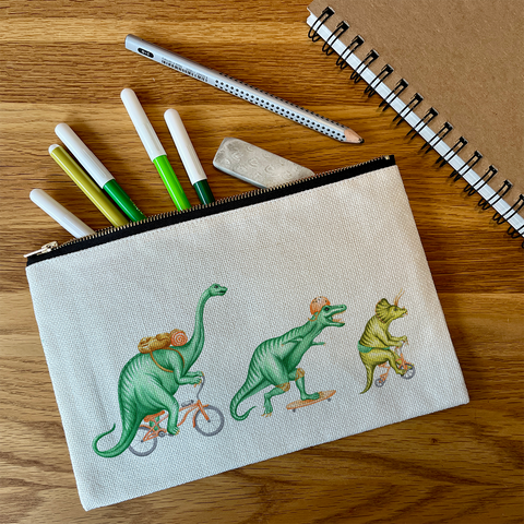 Pencil/Makeup Bag - Dinosaurs riding bikes