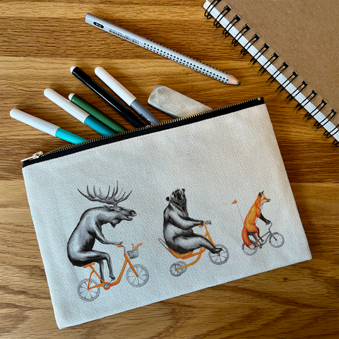 Pencil/Makeup Bag - Animals of the forest riding bikes