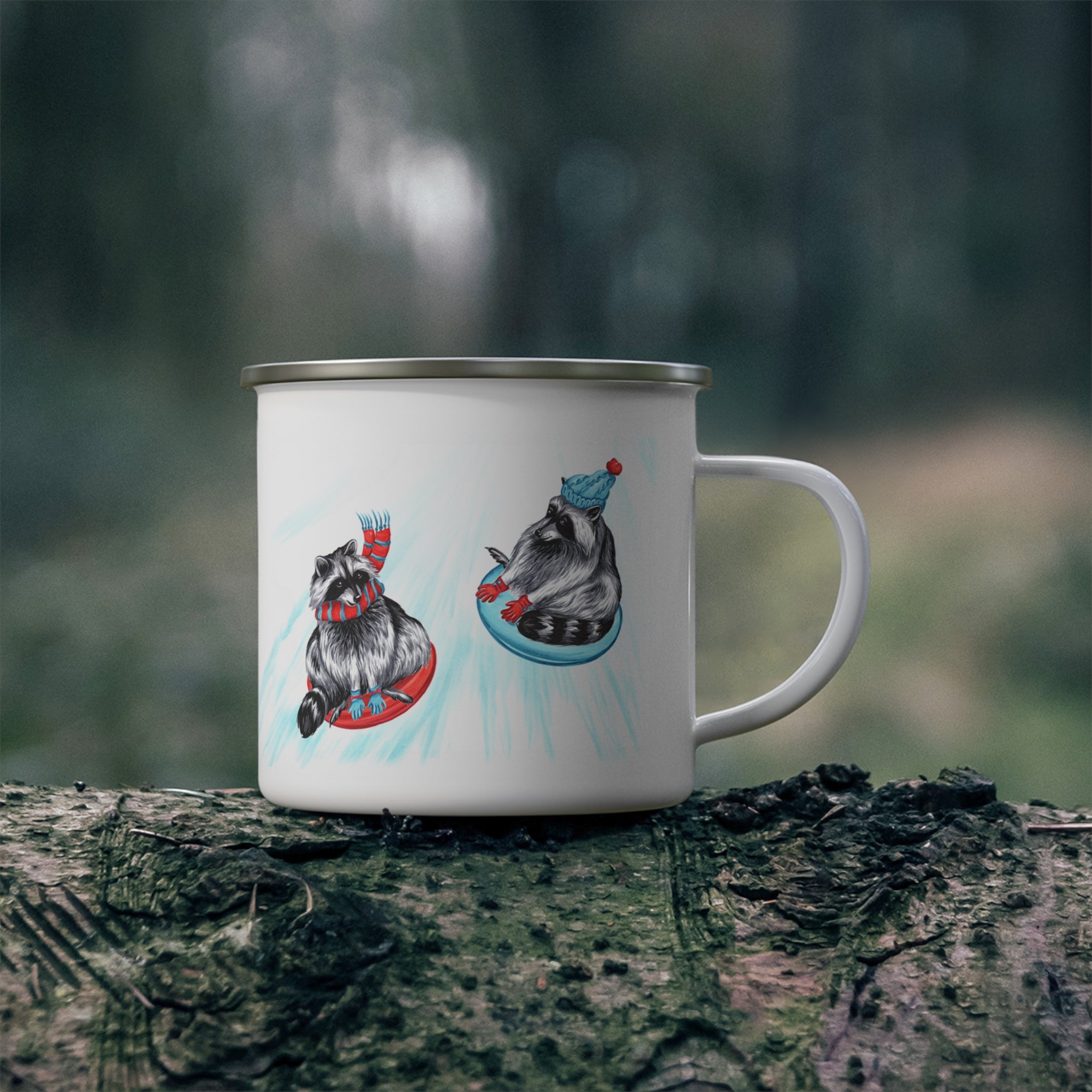 Raccoons sliding enamel mug with stainless rim