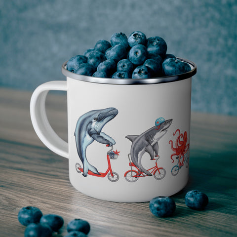 Whale, Shark and Octopus riding bikes enamel mug with stainless steel rim
