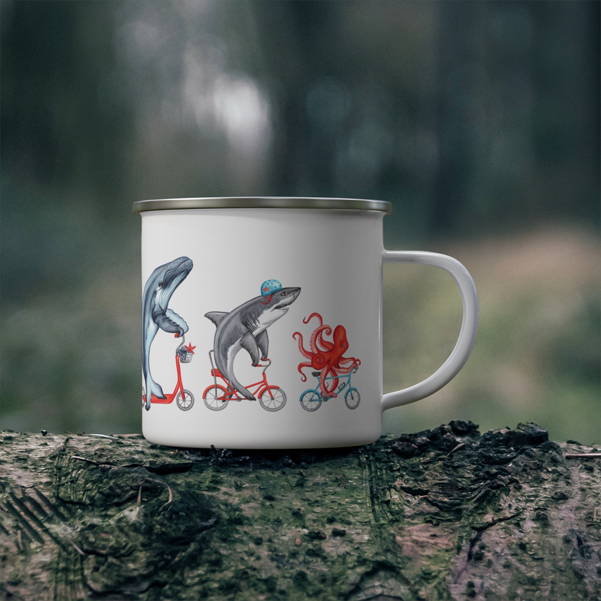Whale, Shark and Octopus riding bikes enamel mug with stainless steel rim