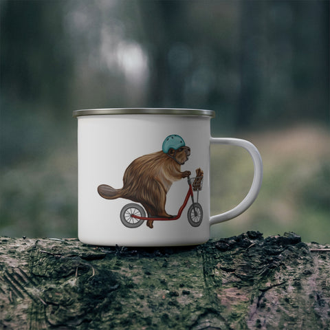 Beaver riding a scooter enamel mug with stainless rim