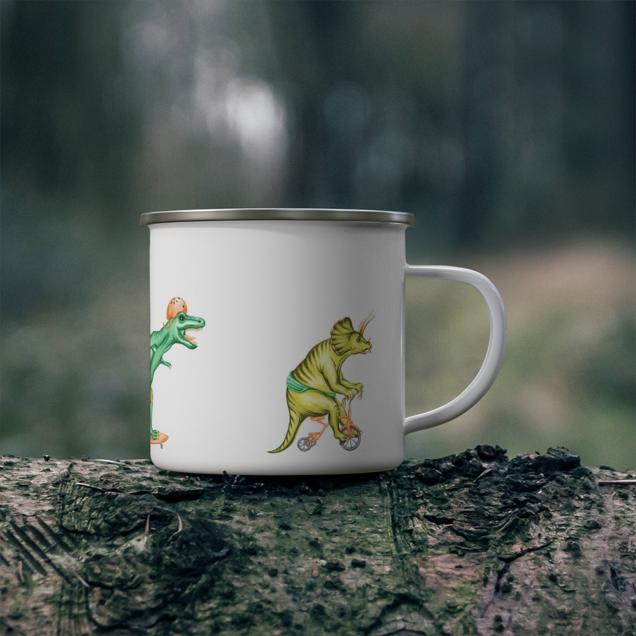 Dinosaur trio riding bikes enamel mug with stainless rim