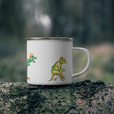Dinosaur trio riding bikes enamel mug with stainless rim