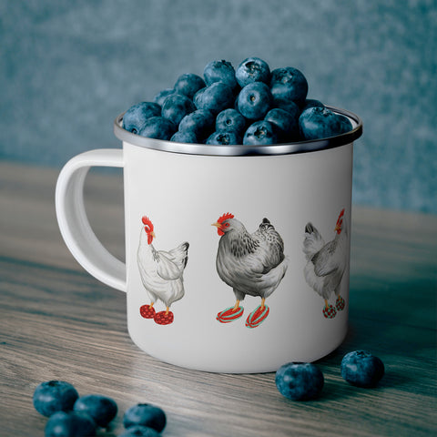 Hens wearing slippers enamel mug with stainless steel rim