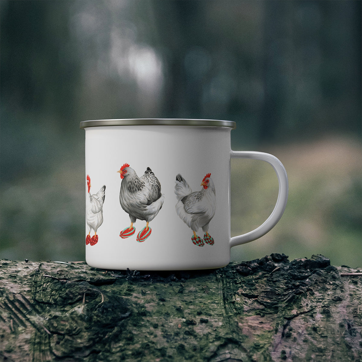 Hens wearing slippers enamel mug with stainless steel rim