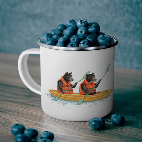 Bears Kayaking enamel mug with stainless steel rim