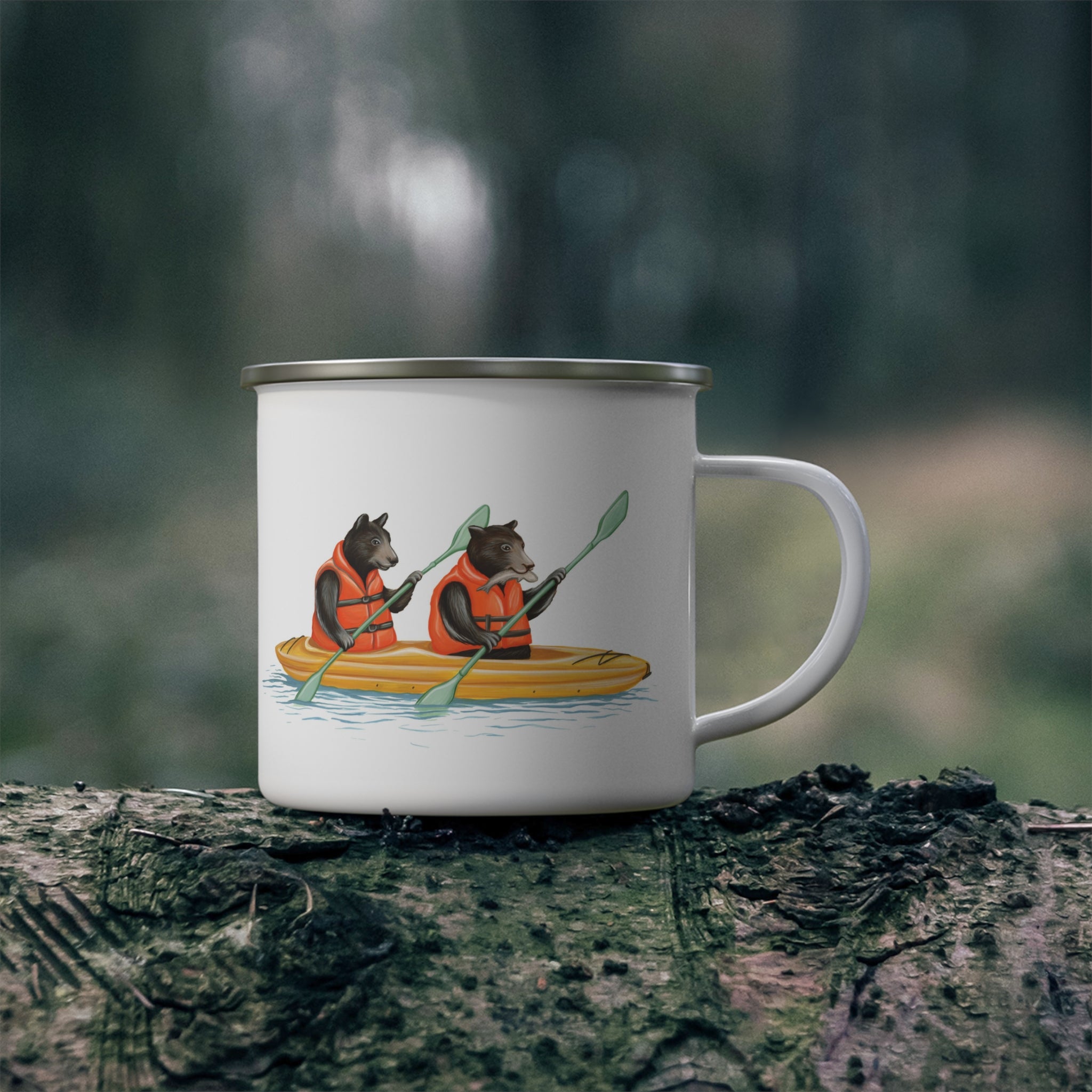 Bears Kayaking enamel mug with stainless steel rim