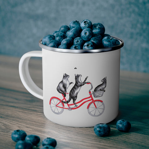 Cats riding a bike enamel mug with stainless steel rim