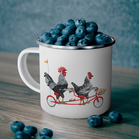 Chickens riding a bike enamel mug with stainless steel rim