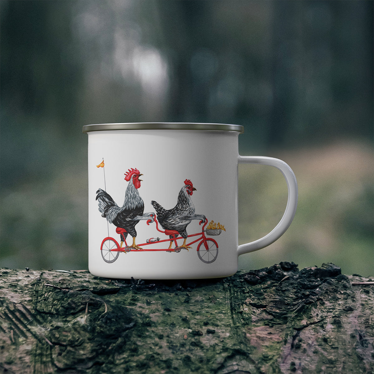 Chickens riding a bike enamel mug with stainless steel rim