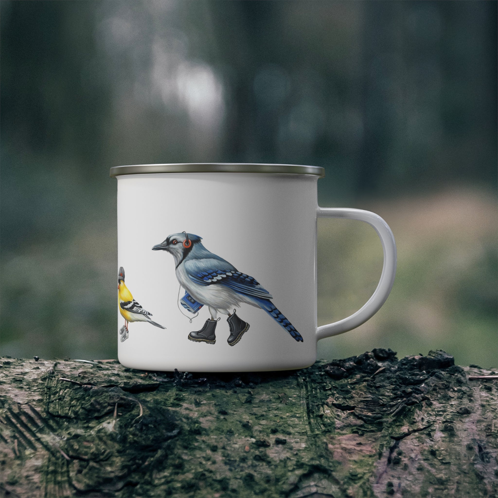Fashionable birds enamel mug with stainless steel rim