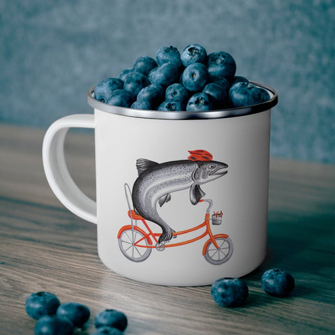 Fish riding a bike enamel mug with stainless steel rim