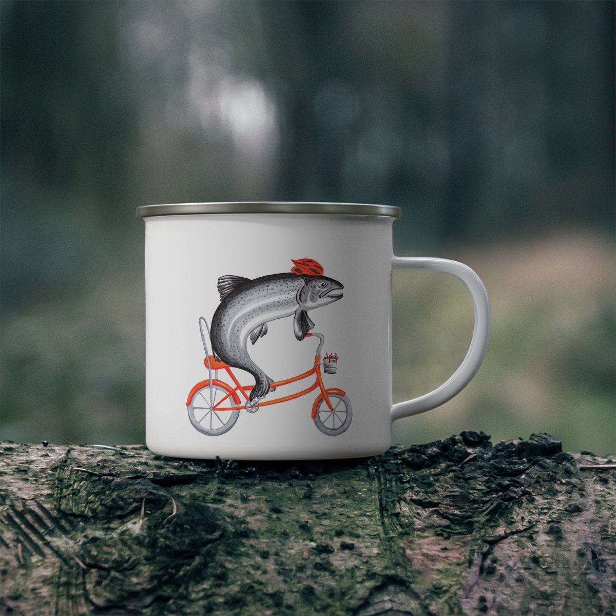 Fish riding a bike enamel mug with stainless steel rim