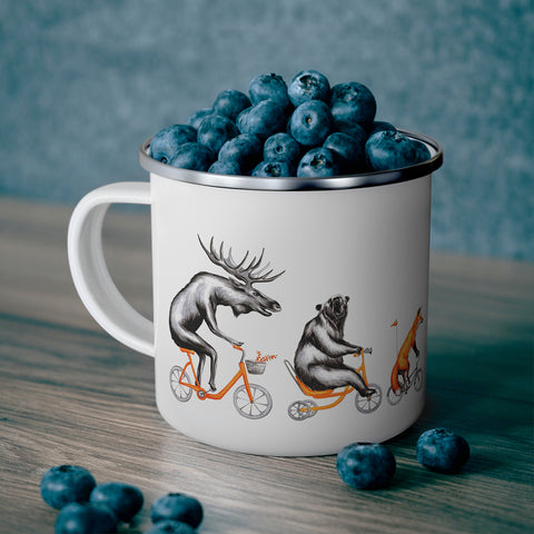 Moose, bear and fox riding a bike enamel mug with stainless steel rim