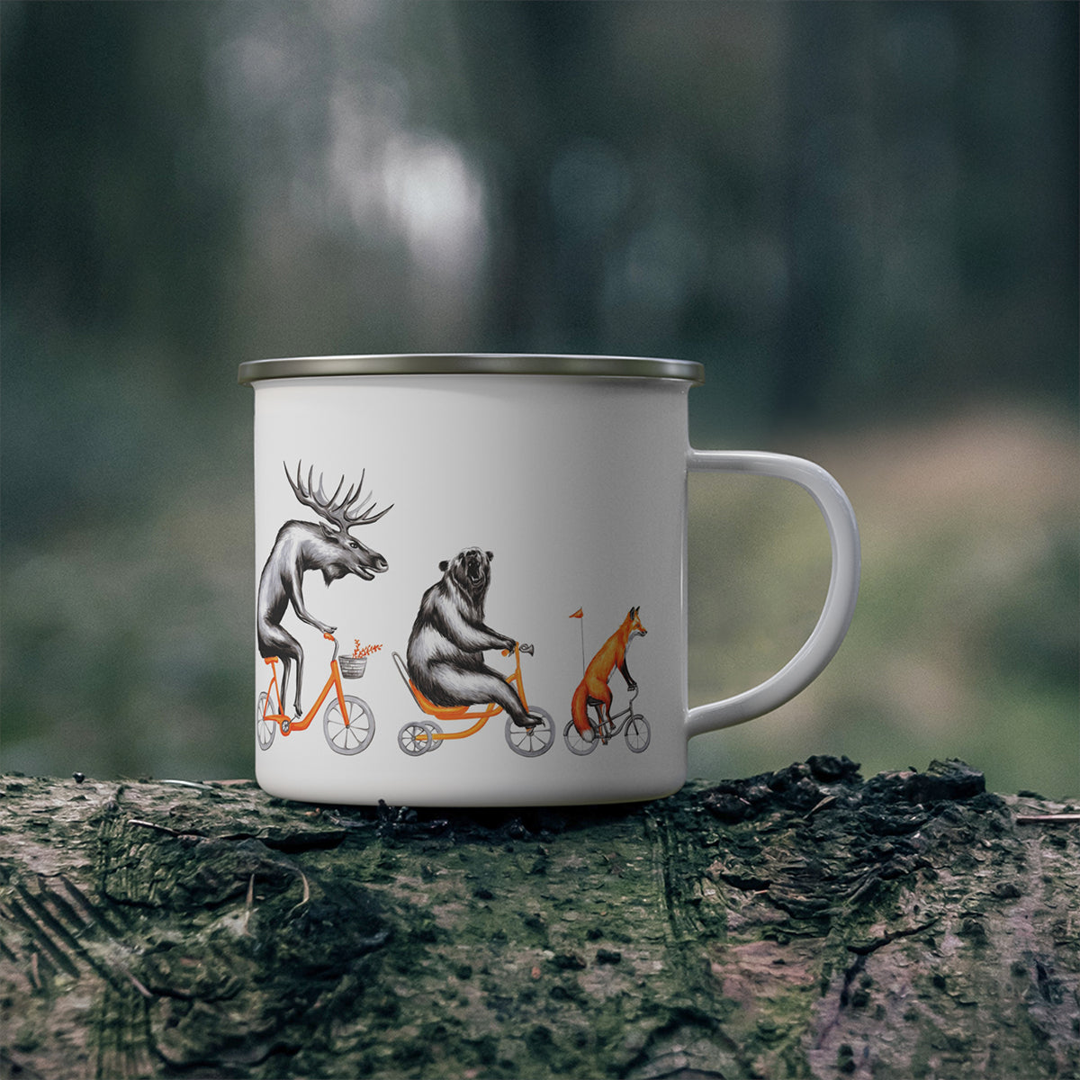 Moose, bear and fox riding a bike enamel mug with stainless steel rim