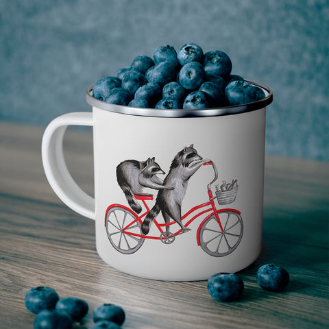 Raccoons riding a bike enamel mug with stainless steel rim