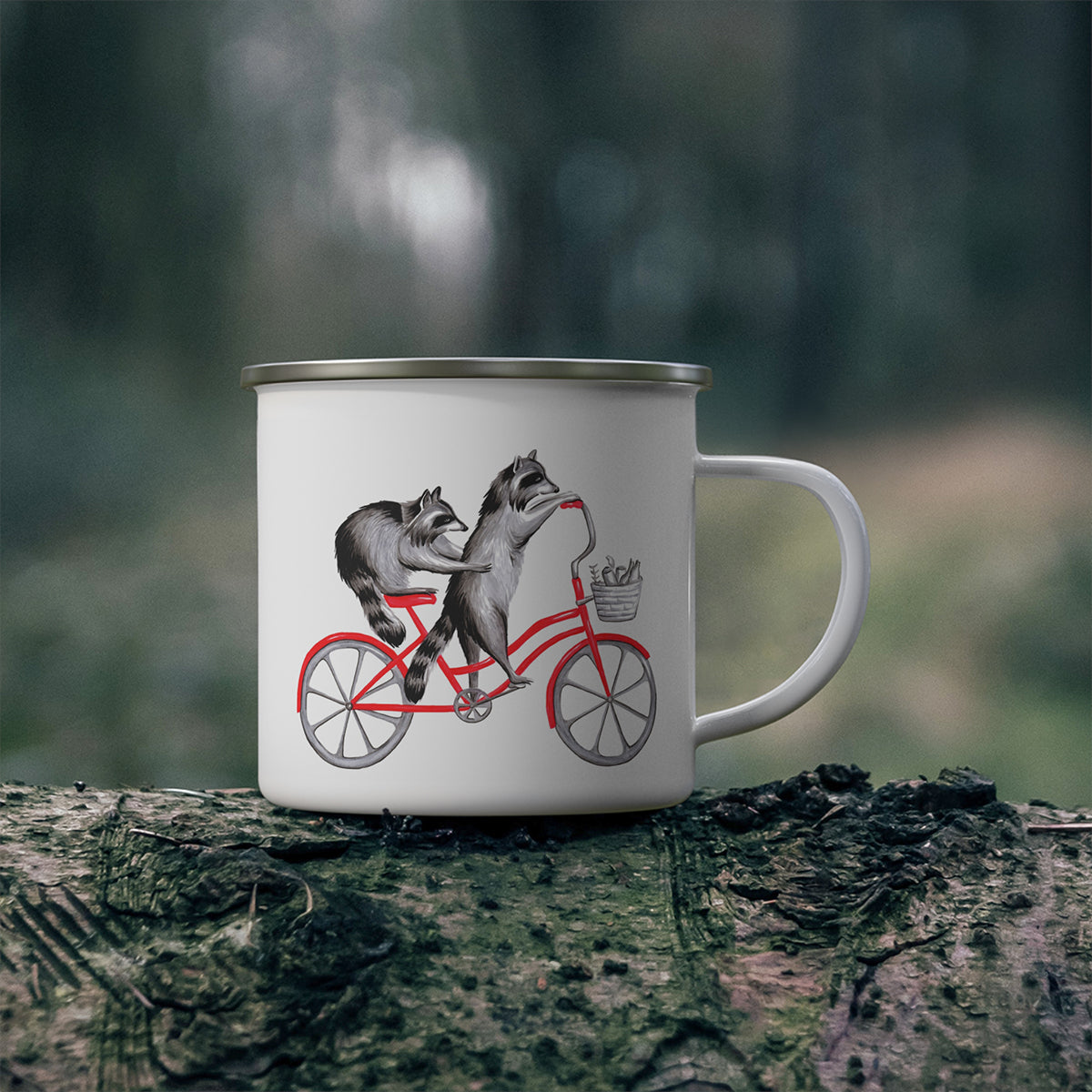 Raccoons riding a bike enamel mug with stainless steel rim