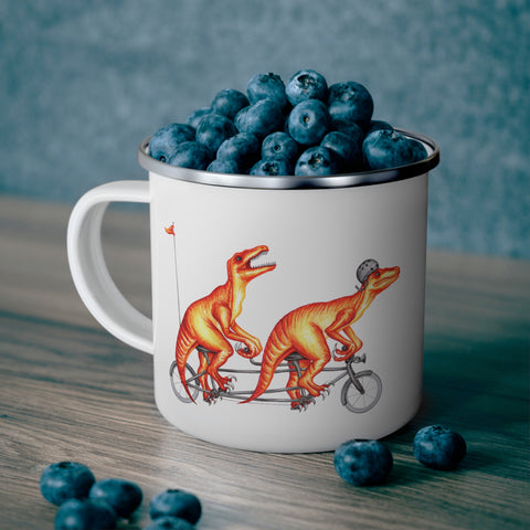 Raptors riding a tandem bike enamel mug with stainless steel rim