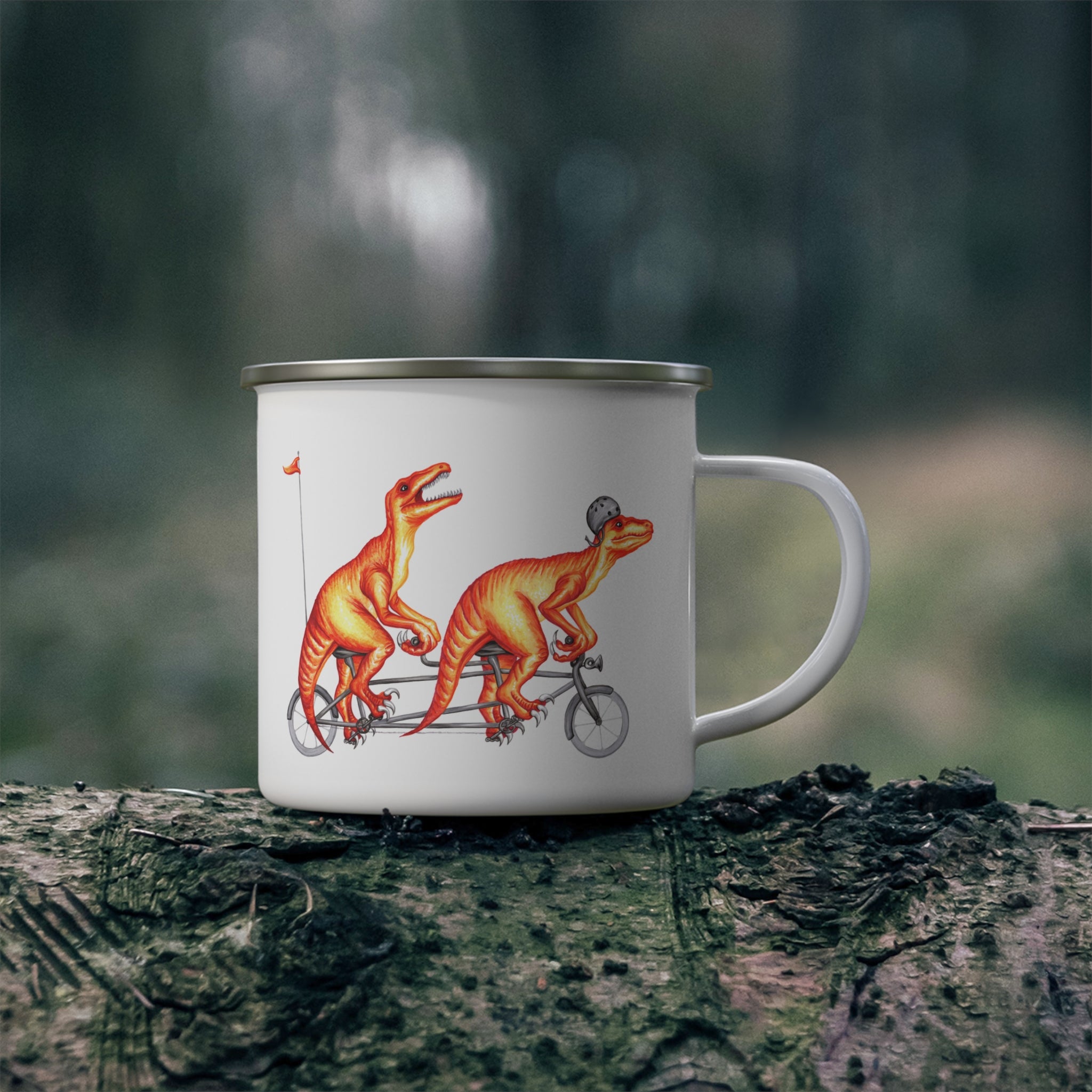 Raptors riding a tandem bike enamel mug with stainless steel rim