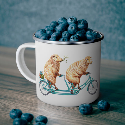 Sheep riding a bike enamel mug with stainless steel rim