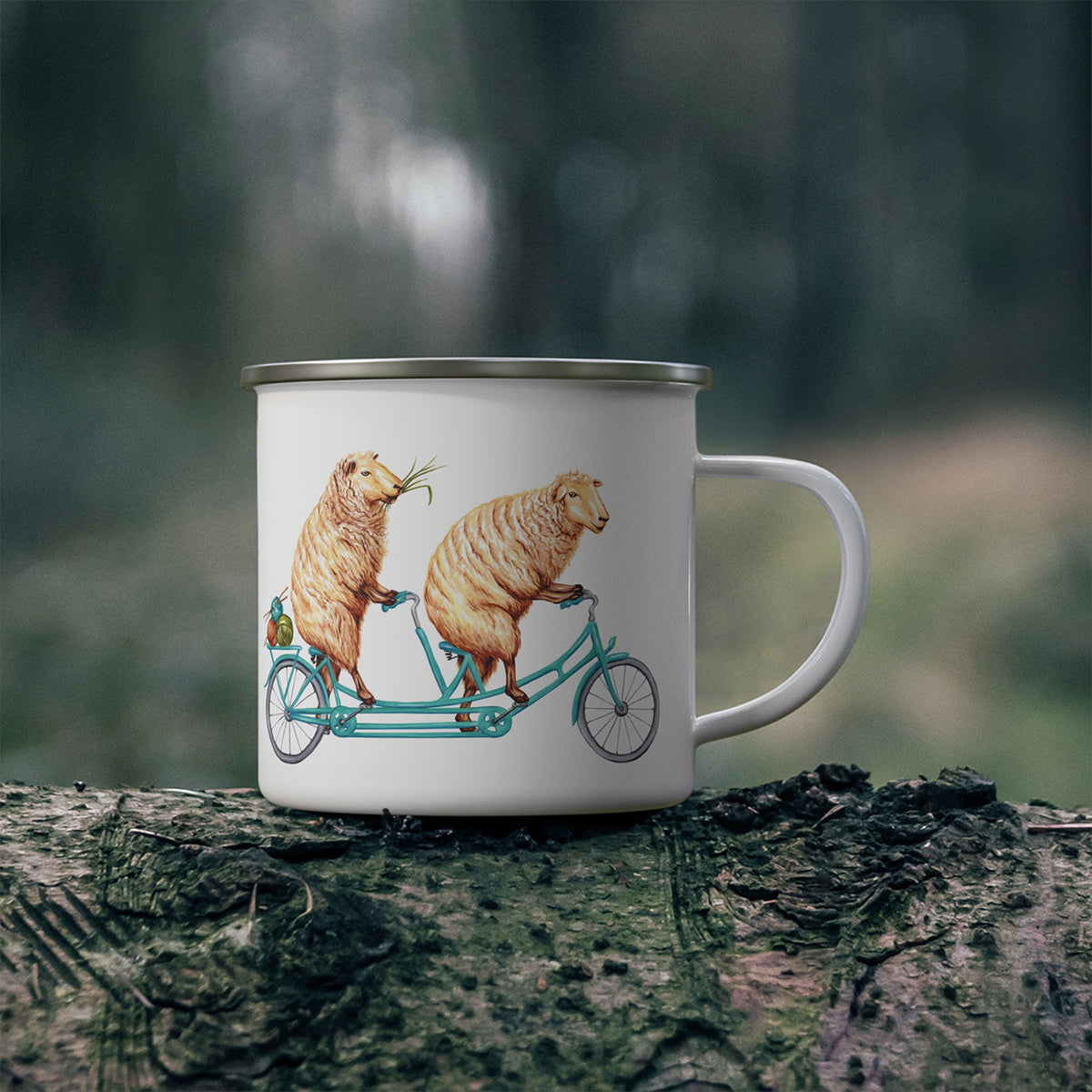 Sheep riding a bike enamel mug with stainless steel rim
