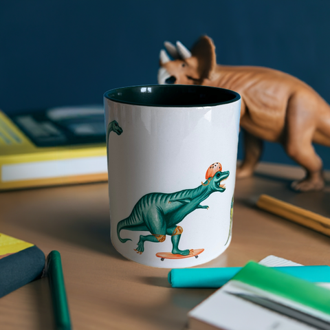 Dinosaur Trio riding bikes mug