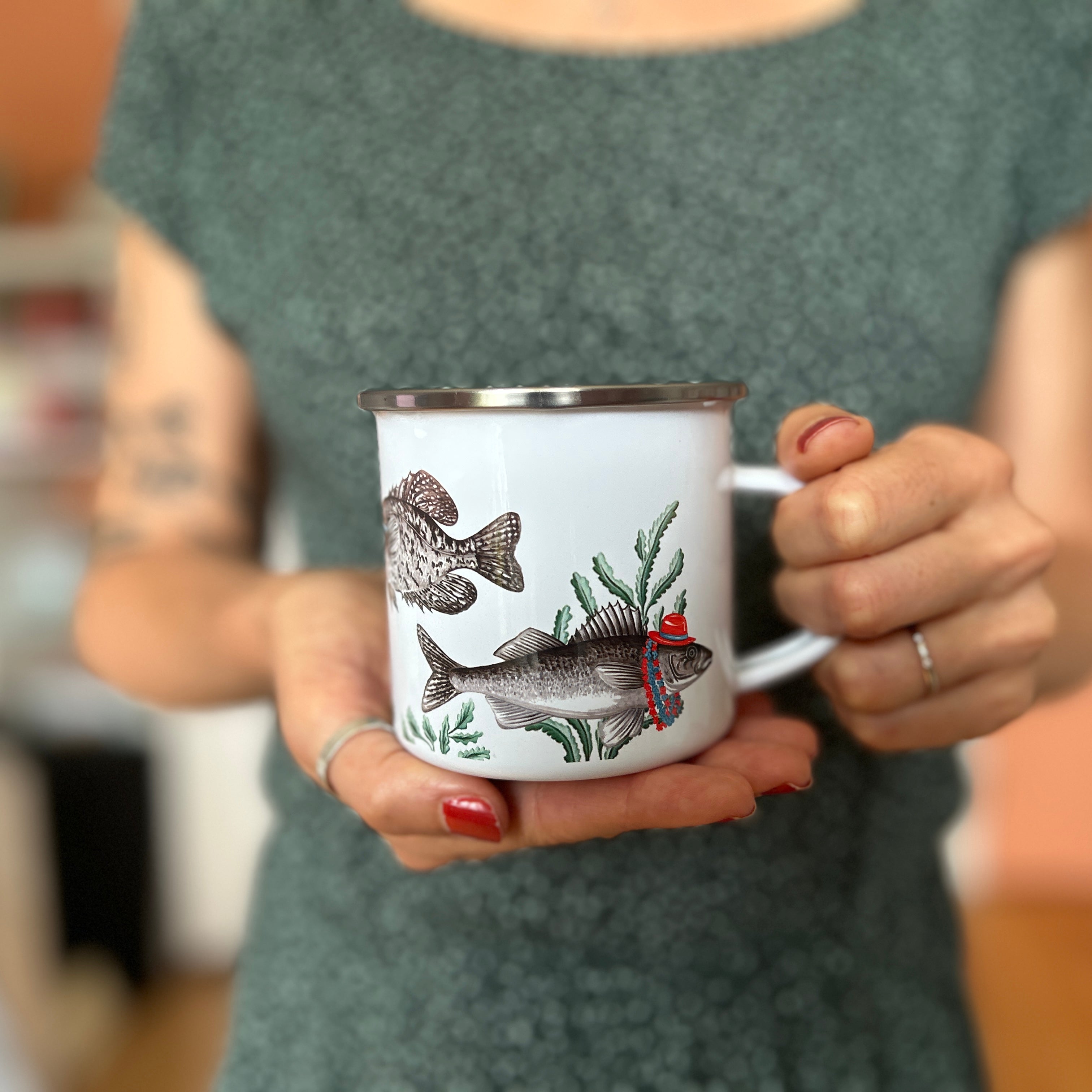 Summer fish enamel mug with stainless steel rim