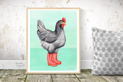 Poule bottes de pluie rouge - Affiche murale