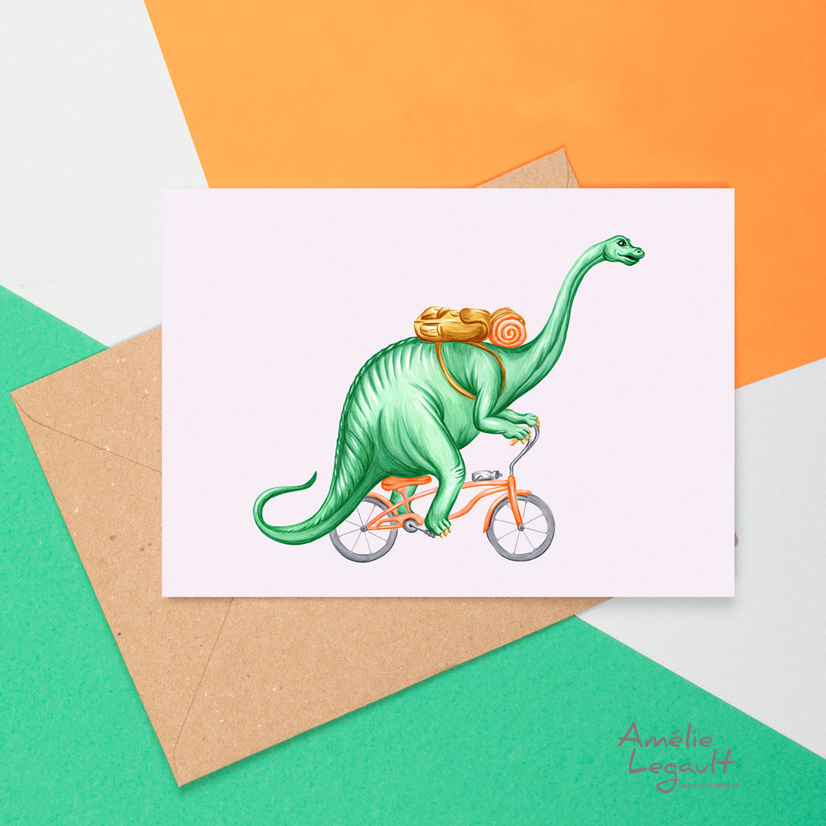 carte de fête de brontosaure, carte d'anniversaire de dinosaure à vélo par Amélie Legault