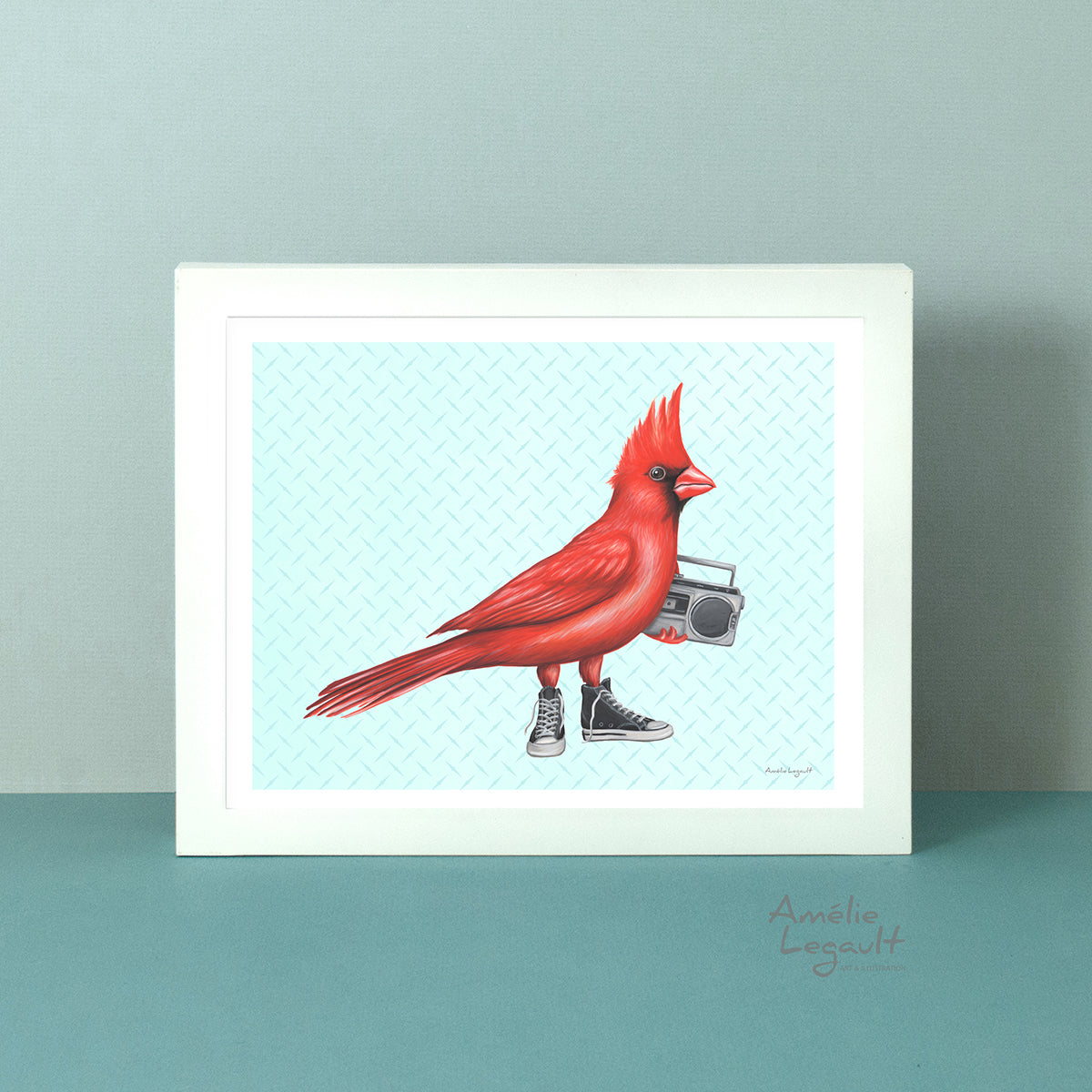 Cardinal bird art print, cardinal artwork, cardinal painting, amélie legault, shoes art, boombox, radio tape, cassette, tape player, 1990s style, 1980s style