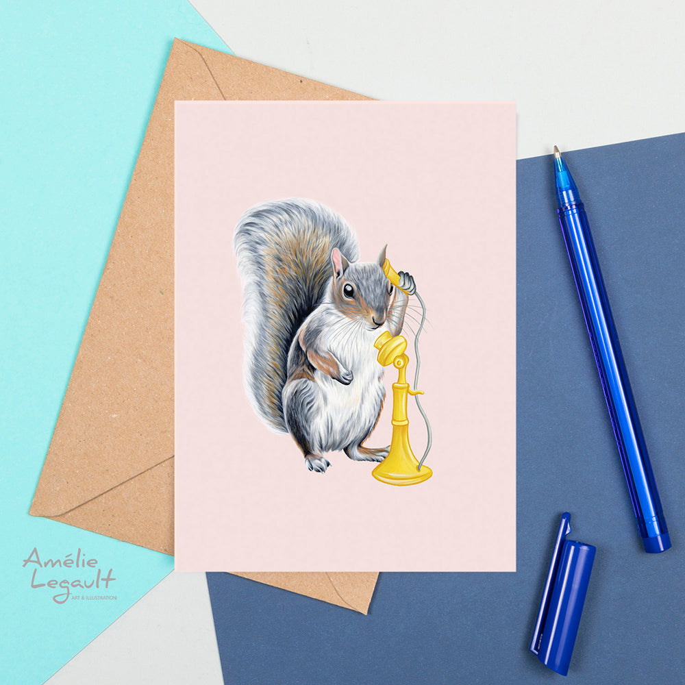 squirrel on the phone, squirrel card, birthday card, greeting card, amelie legault, canadian animal, made in canada, vintage phone
