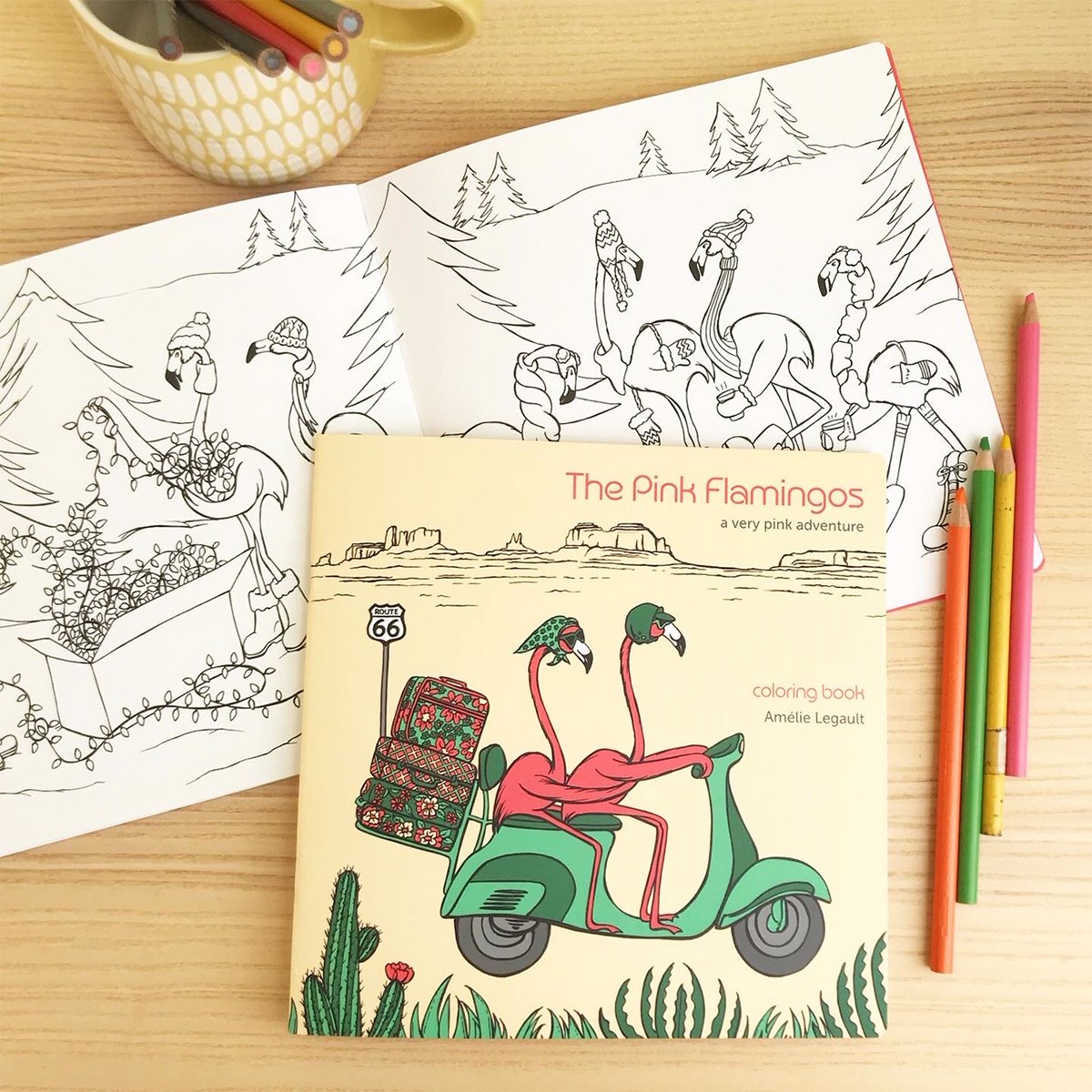 Pink flamingo coloring book, flamingo illustration, coloring for kids, coloring for adult, colouring book, Amelie legault, vespa, scooter, route 66, roadtrip, made in canada