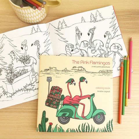 Pink flamingo coloring book, flamingo illustration, coloring for kids, coloring for adult, colouring book, Amelie legault, vespa, scooter, route 66, roadtrip, made in canada