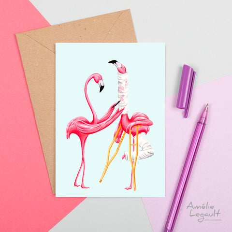 Pink Flamingo, get well card, amelie legault, carte bon rétablissement avec flamants roses